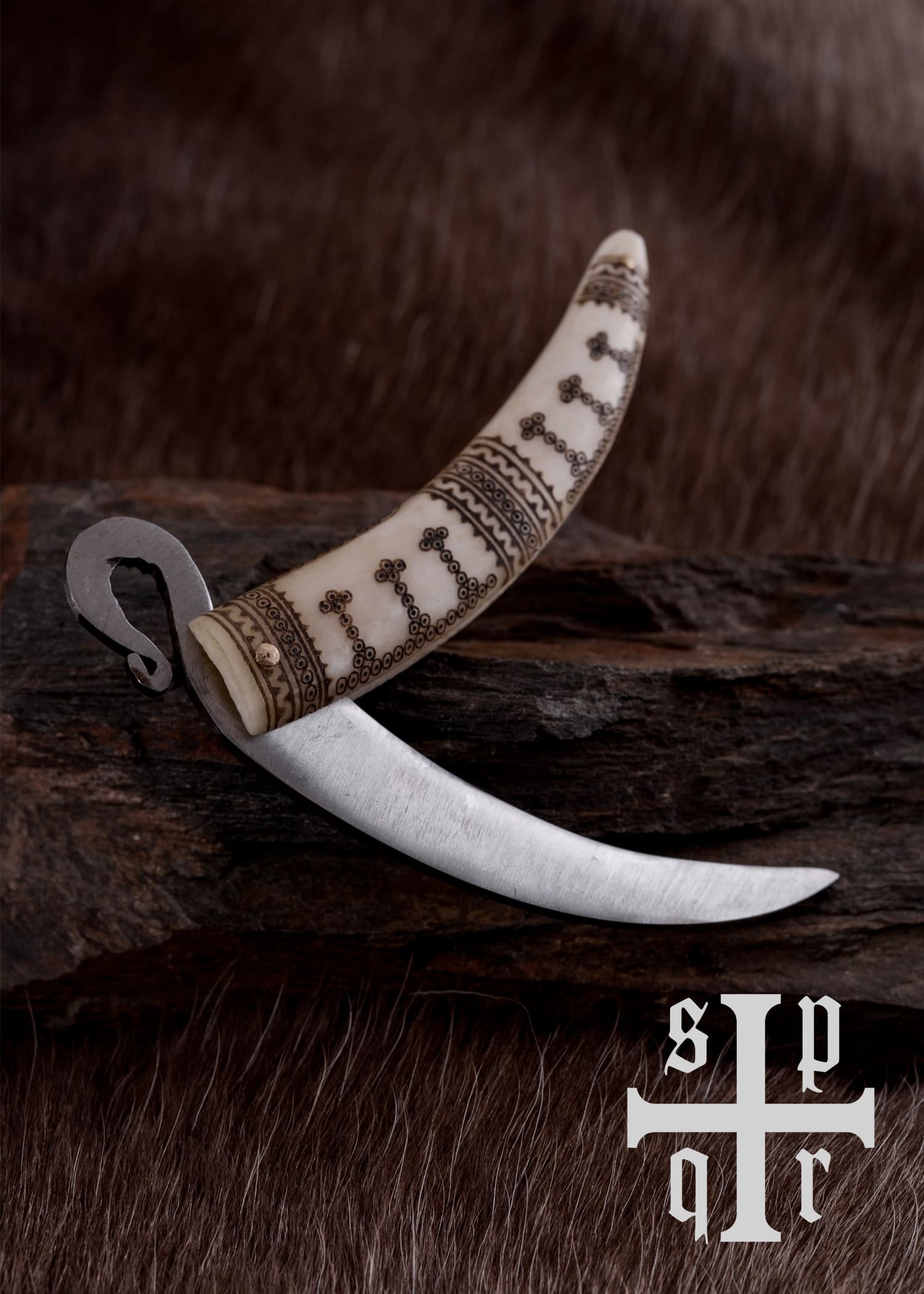 Coltello pieghevole vichingo con lama in acciaio al carbonio, manico in osso - immagine 2