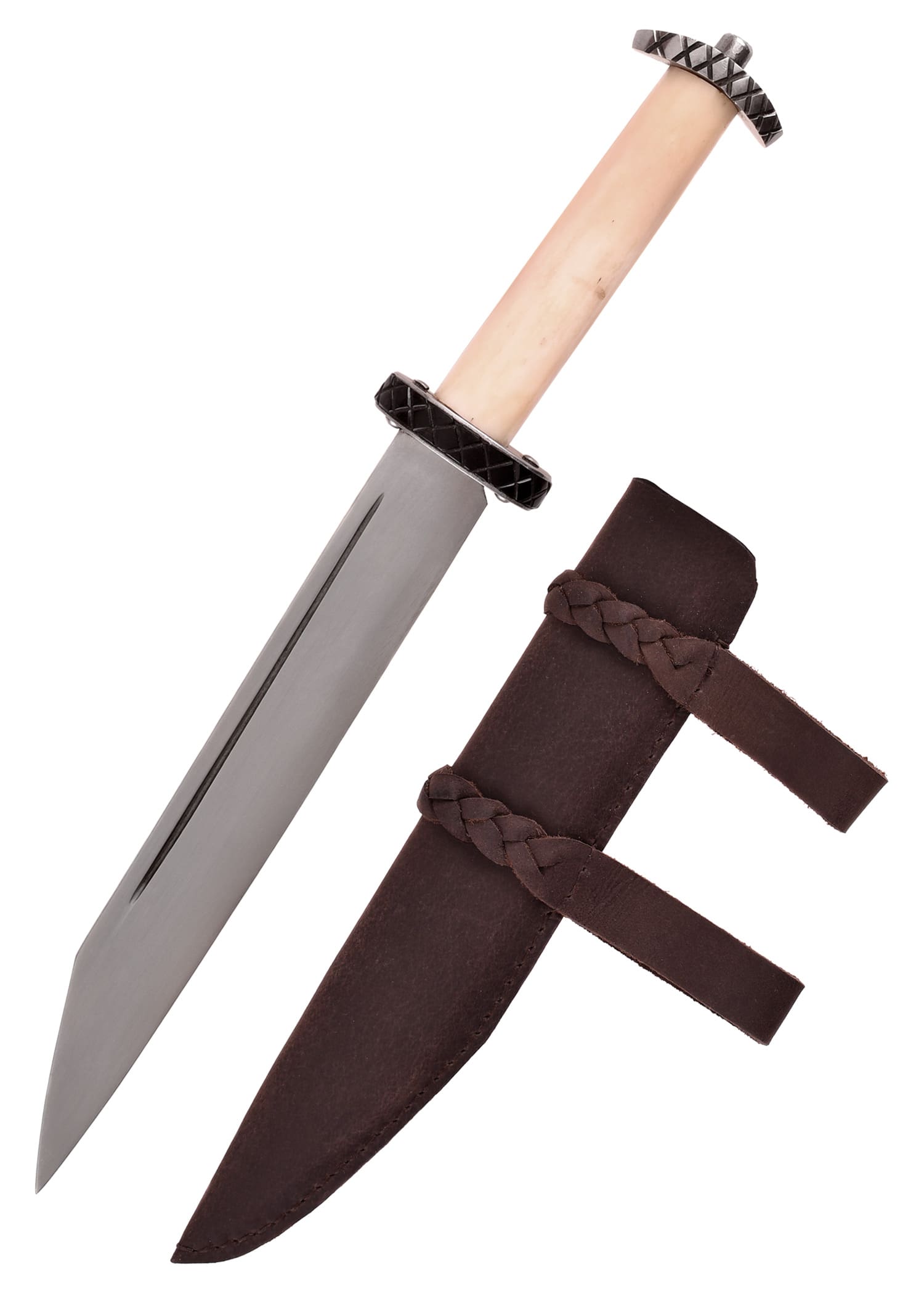 Seax corto con manico in osso e fodero in cuoio