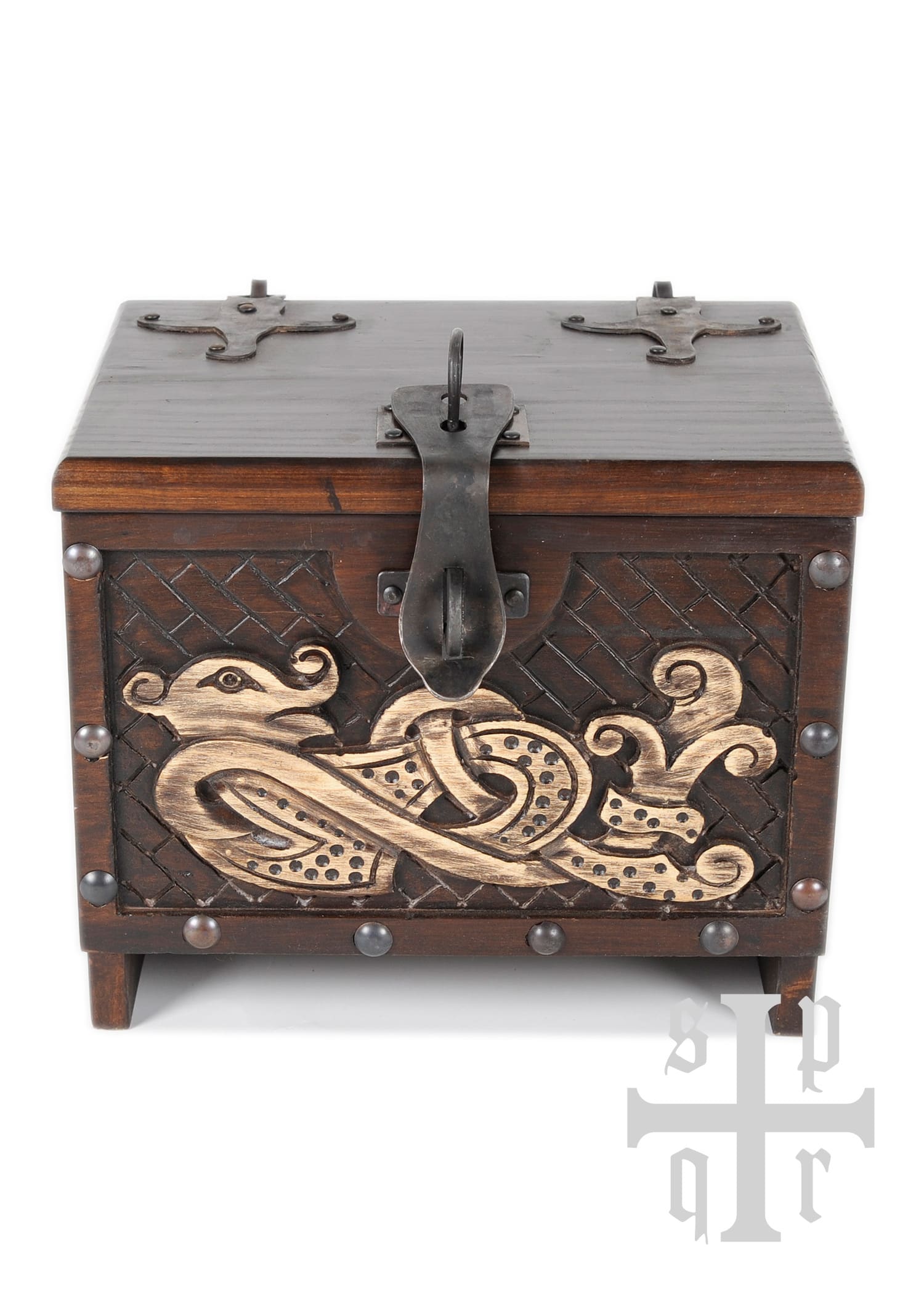 Cassapanca vichinga in legno con motivo serpente di Midgard n. 2, ca. 33 x 25 x 28 cm