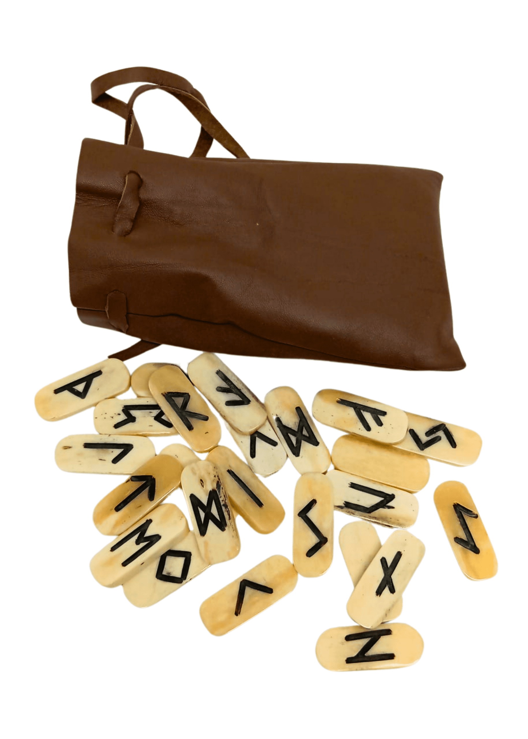 Rune in osso con sacchetto in pelle marrone