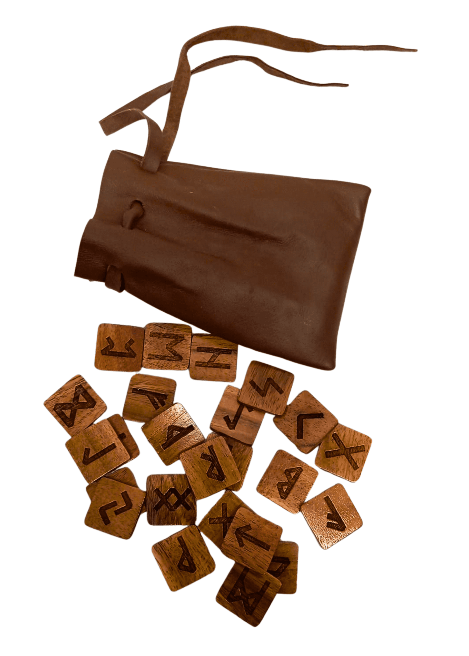 Rune in legno con sacchetto in pelle marrone