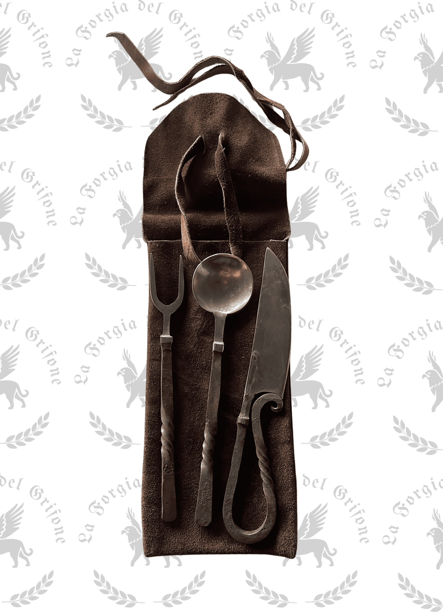 Set posate medievali con sacchetto in pelle contenitore